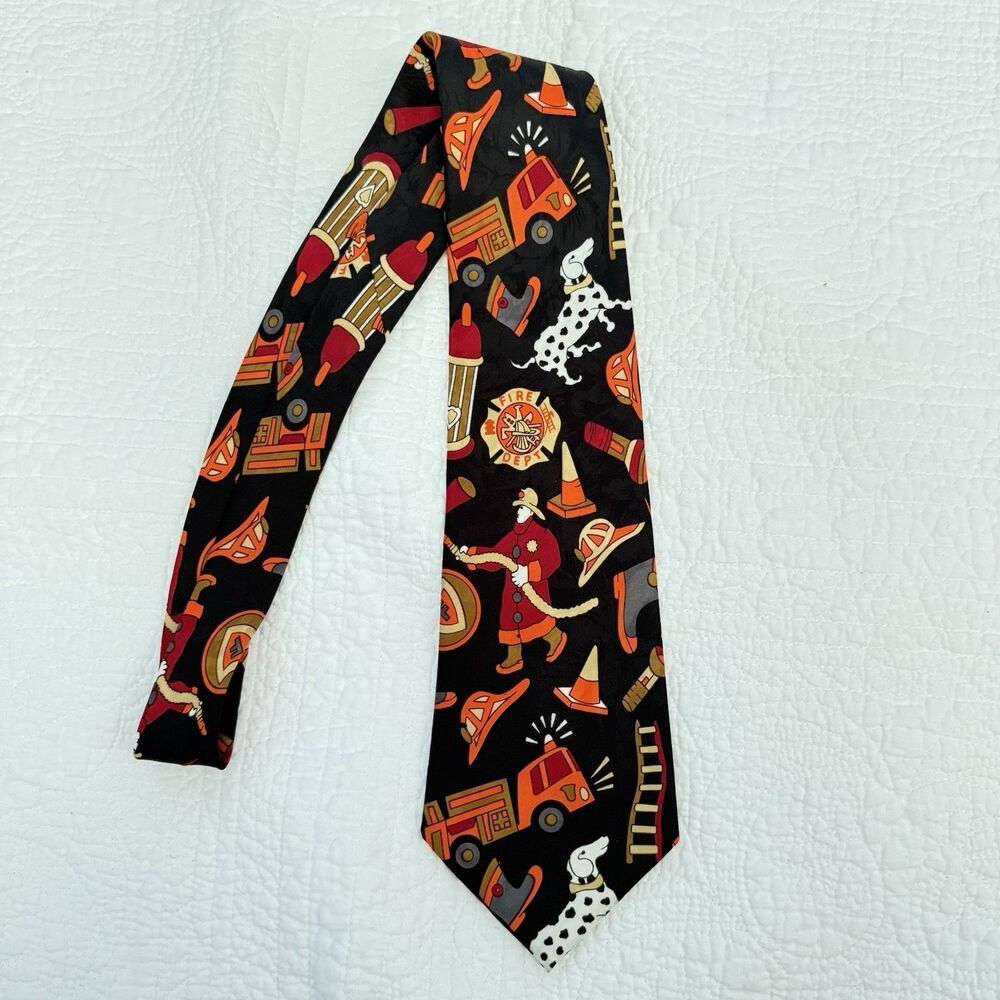 A. Rogers FIREMEN Novelty Print Neck Tie Black Orange Tan Classic Polyester